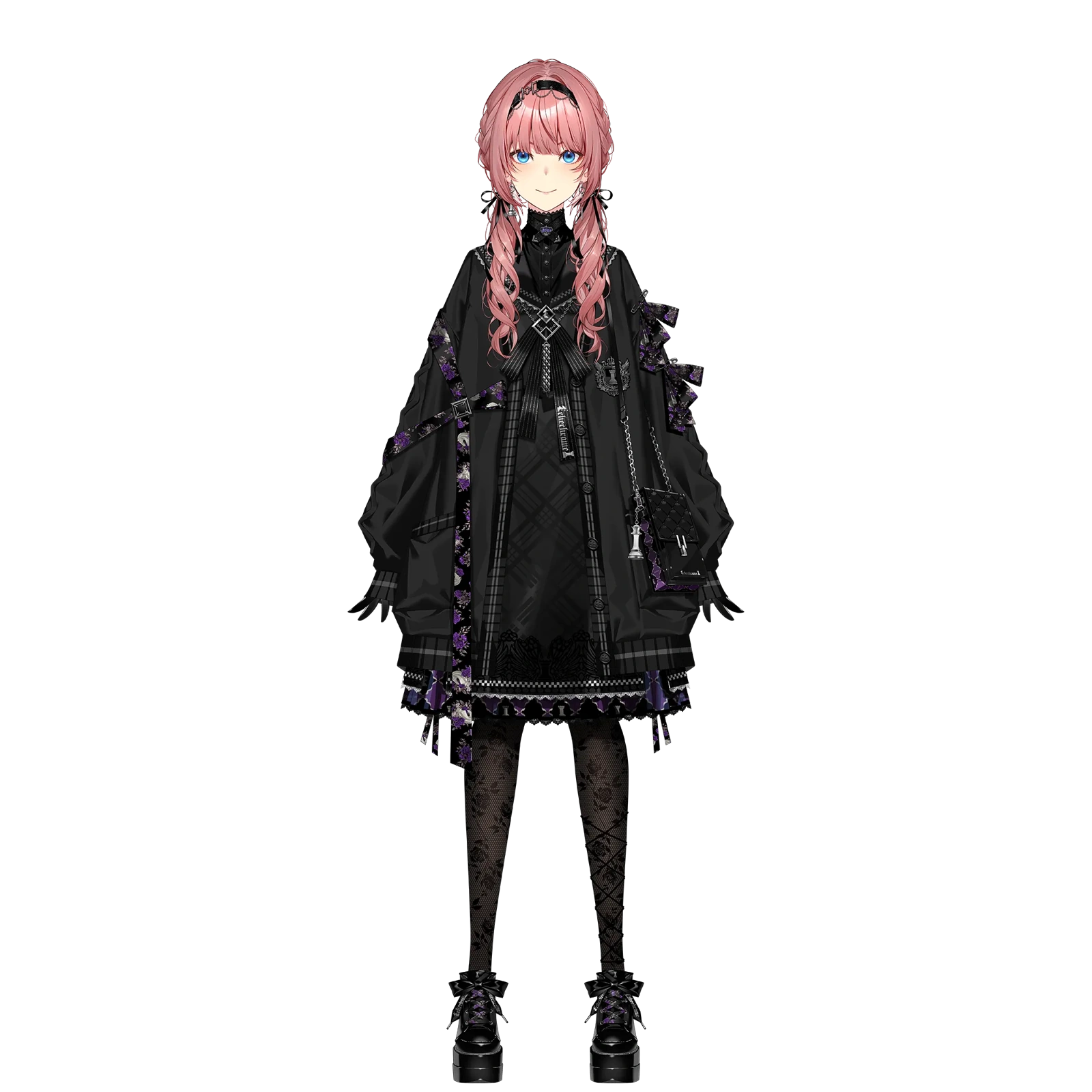Long pink hair and black frilled dress