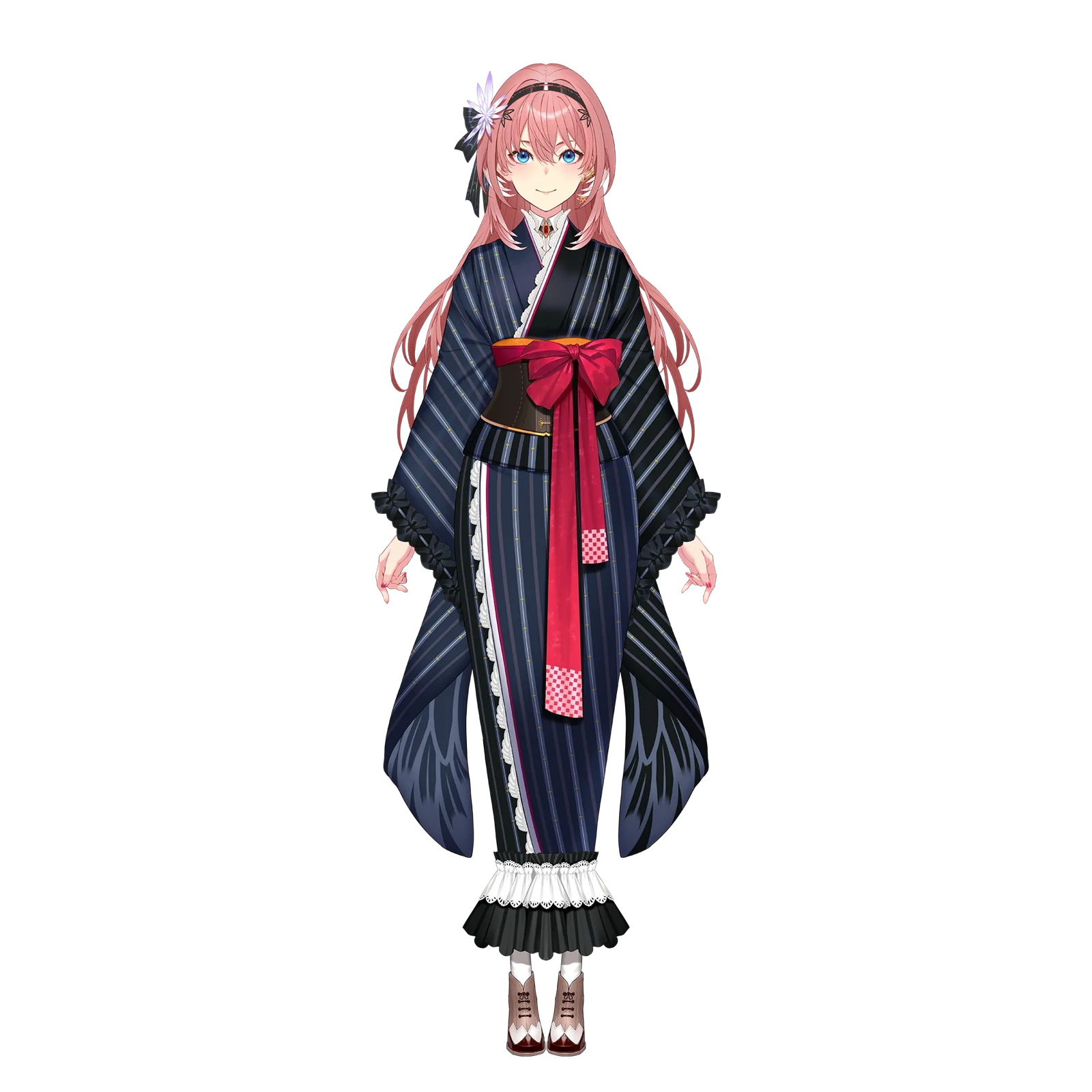 Navy striped Japanese-style outfit and red sash
