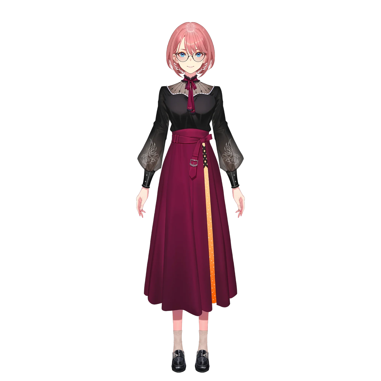 Black blouse and wine-red long skirt