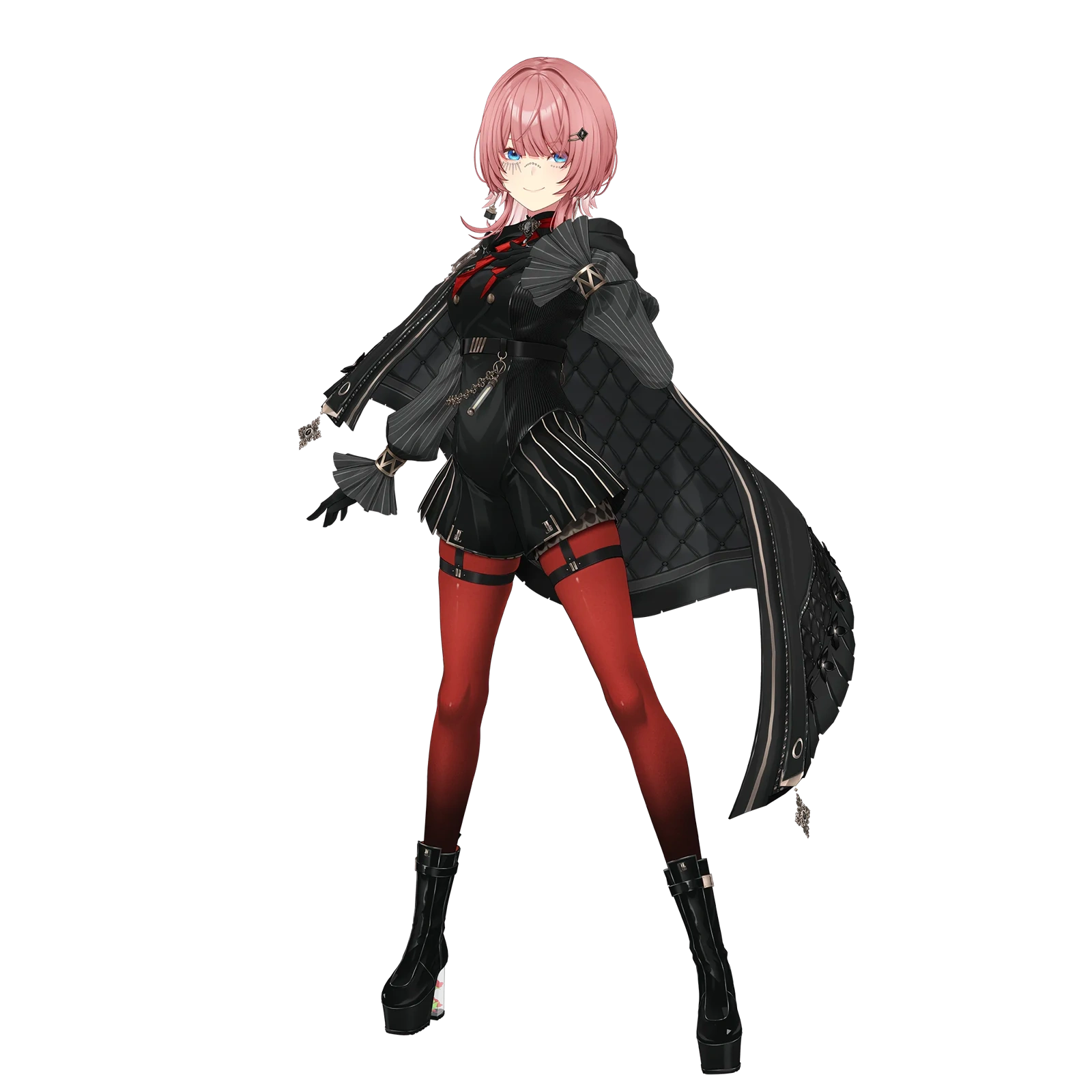 Short hair, black coat and red tights