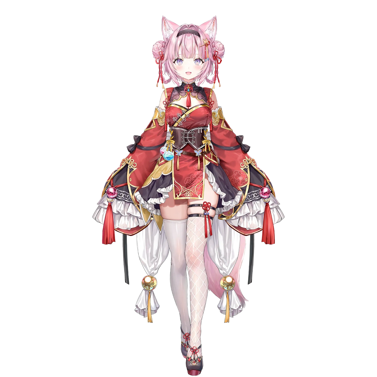East Asian-style outfit combining red, black and pink